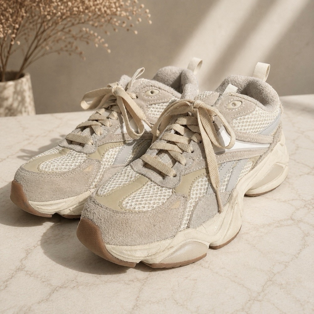 Reebok Women's 10 Cream Beige Suede Mesh Chunky Retro Sneakers Gum Sole